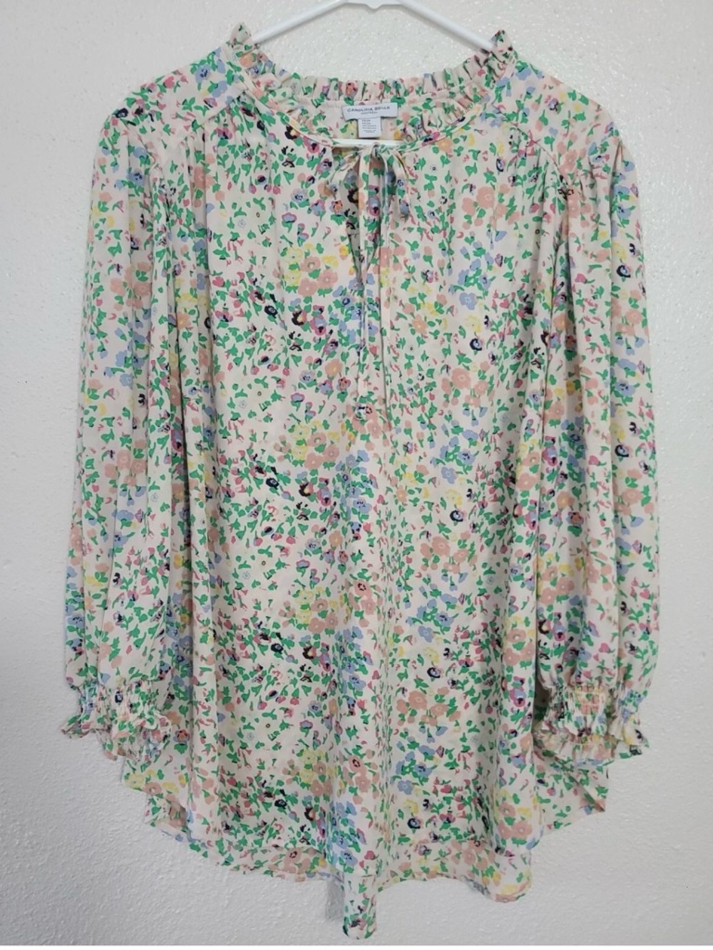 Carolina Belle Cream Floral Tie-Neck Peasant Blouse Sz 2X